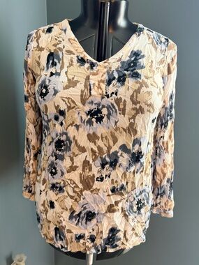 AFF Floral V-Neck Blouse in Cream, Blue and Brown